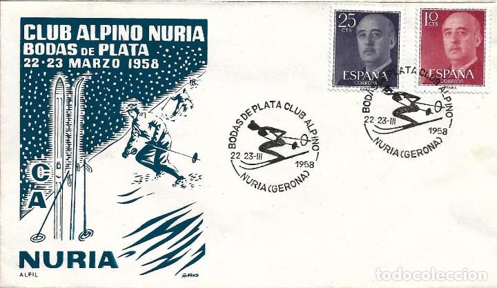 Sellos: DEPORTES ESQUI BODAS DE PLATA CLUB ALPINO, NURIA (GERONA) 1958. MATASELLOS SOBRE SIN CIRCULAR ALFIL