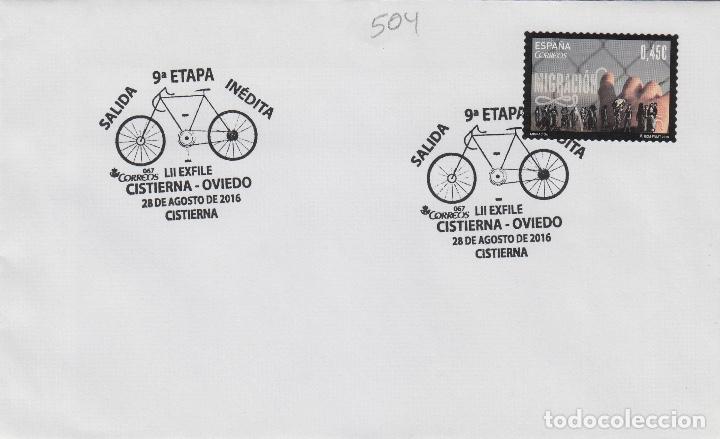 Sellos: 2016 - CISTIERNA ( LE&Oacute;N ) LII EXPOSICION EXFILE , 9 ETAPA CICLISMO , DEPORTE . MATASELLO EN SOBRE