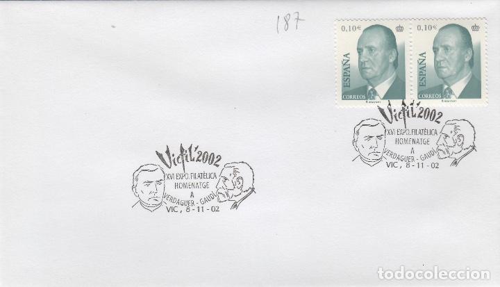 Sellos: 2002 VIC ( BARCELONA )EXPOSICION VICFIL , XVI EXPO FILATELIA VERDAGUER GAUDI MATASELLO EN SOBRE