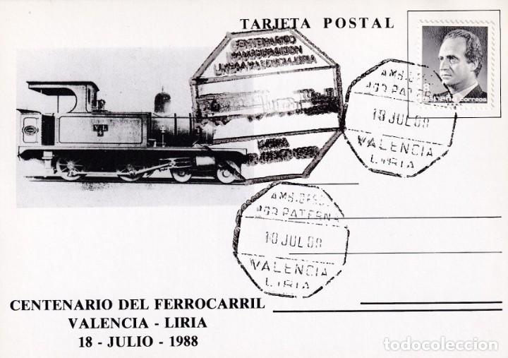 Sellos: TRENES CENTENARIO FERROCARRIL VALENCIA-LIRIA 1988. MATASELLOS AMBULANTE EN TARJETA MODELO 1 RARO ASI