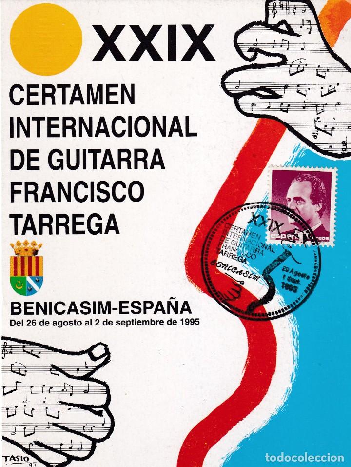 Sellos: MUSICA GUITARRA FRANCISCO TARREGA CERTAMEN, BENICASSIM BENICASIM (CASTELLON) 1995 MATASELLOS TARJETA