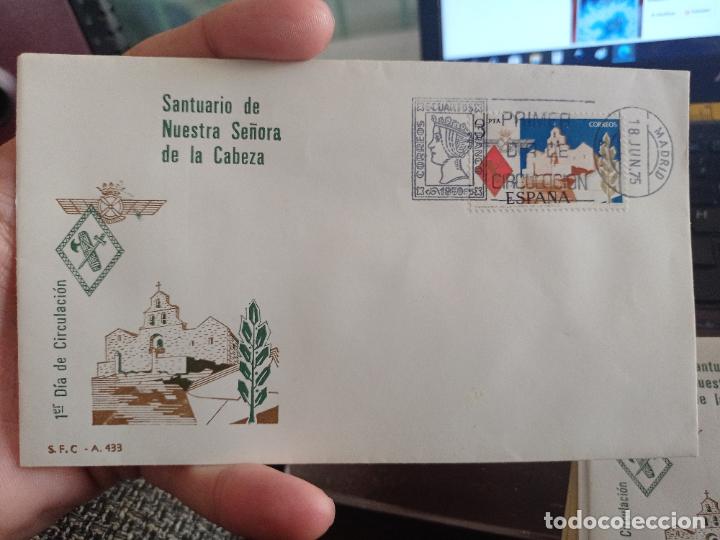 Sellos: VIRGEN CABEZA NTRA SRA EJERCITO AIRE GVARDIA CIVIL 18 JVNIO 1975 SOBRE PRIMER DIA 17 X 10 CMS
