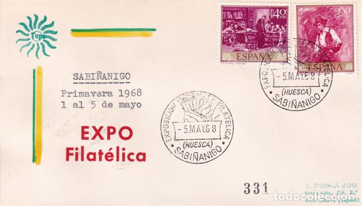 Sellos: PRIMAVERA V EXPOSICION FILATELICA, SABI&Ntilde;ANIGO (HUESCA) 1968. MATASELLOS EN RARO SOBRE CIRCULADO TOPO
