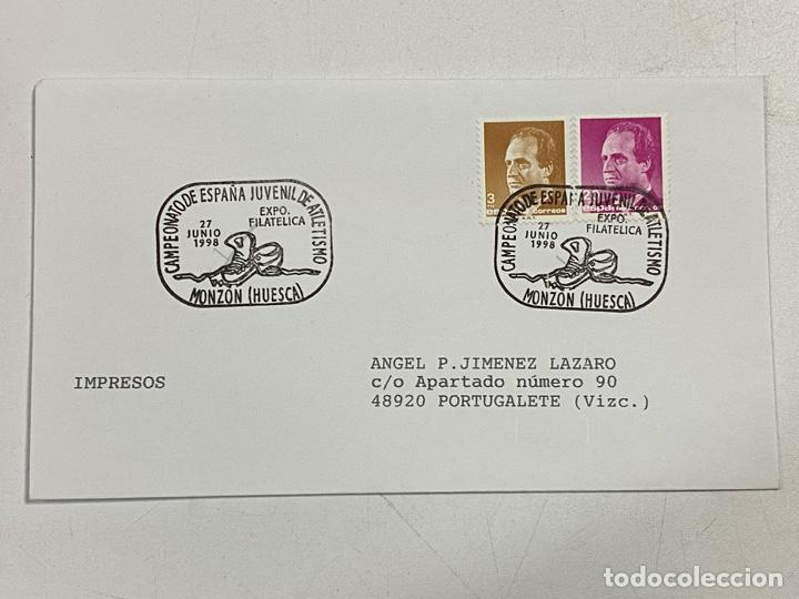 Sellos: SOBRE EXPO FILATELICA. CAMPEONATO DE ESPA&Ntilde;A JUVENIL DE ATLETISMO. MONZON-HUESCA, 1998. VER