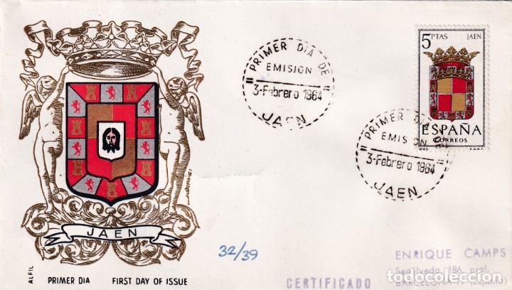 Francobolli: ESCUDO DE JAEN 1964 MATASELLOS PROVINCIA (EDIFIL 1552) EN SOBRE PRIMER DIA CIRCULADO DE ALFIL. RARO.