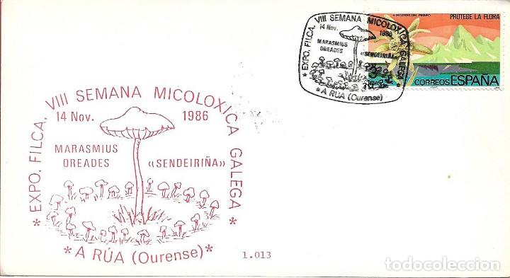 Sellos: SETAS MICOLOGIA VIII SEMANA MICOLOXICA GALEGA, A RUA (OURENSE) 1986. MATASELLOS RARO SOBRE ILUSTRADO
