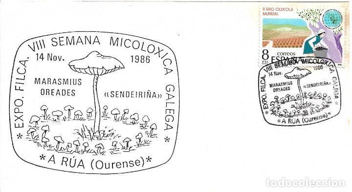 Sellos: SETAS MICOLOGIA VIII SEMANA MICOLOXICA GALEGA, A RUA (OURENSE) 1986. MATASELLOS RARO SOBRE ILUSTRADO