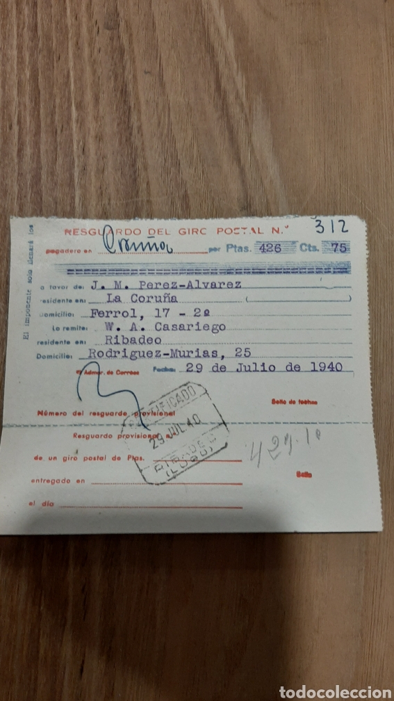 Briefmarken: 1940 resguardo de GIRO POSTAL CORU&Ntilde;A dirigido a Ribadeo