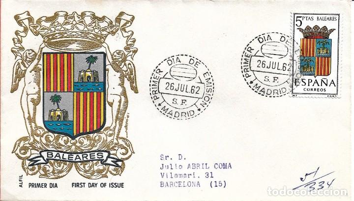 Sellos: ESCUDO DE BALEARES 1962 MATASELLOS MADRID (EDIFIL 1412) EN RARO SOBRE PRIMER DIA CIRCULADO DE ALFIL