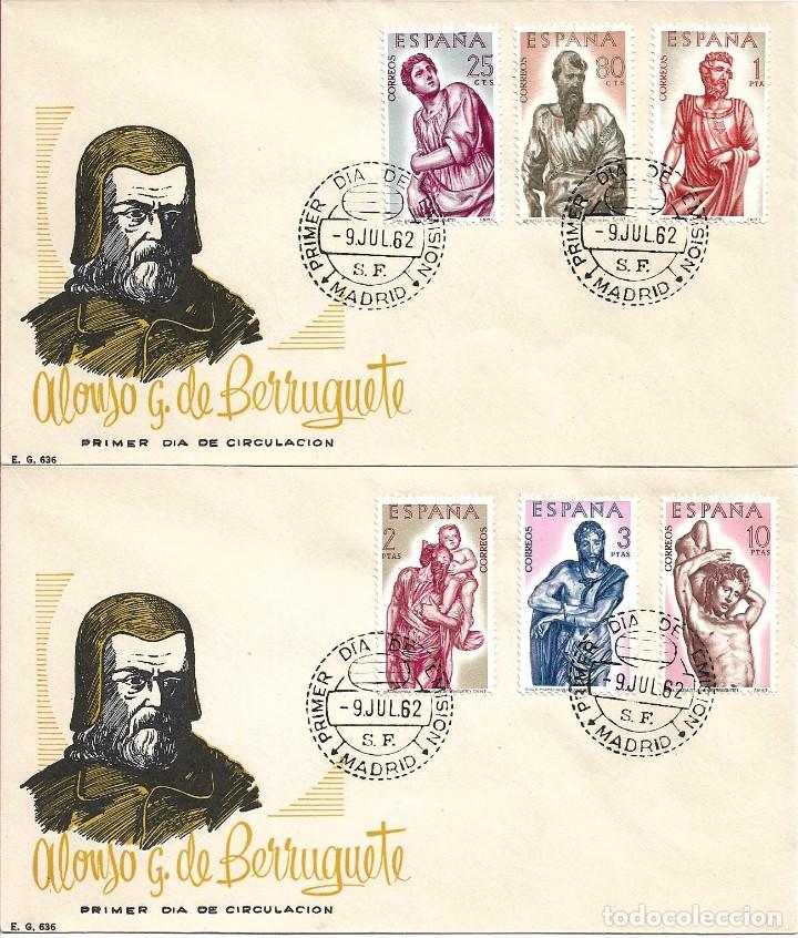 Sellos: ALONSO DE BERRUGUETE 1962 (EDIFIL 1438/43) EN DOS SOBRES PRIMER DIA DE EG. RAROS ASI.