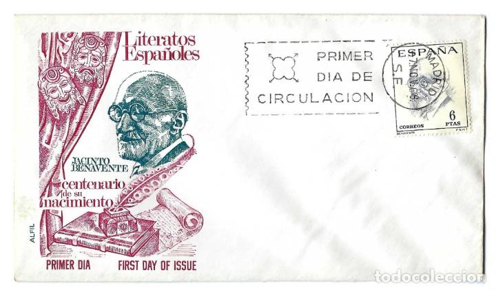 Sellos: SOBRE PRIMER D&Iacute;A DE ALFIL.- JACINTO BENAVENTE Y MARTINEZ. LITERATOS ESPA&Ntilde;OLES. MADRID- 1966