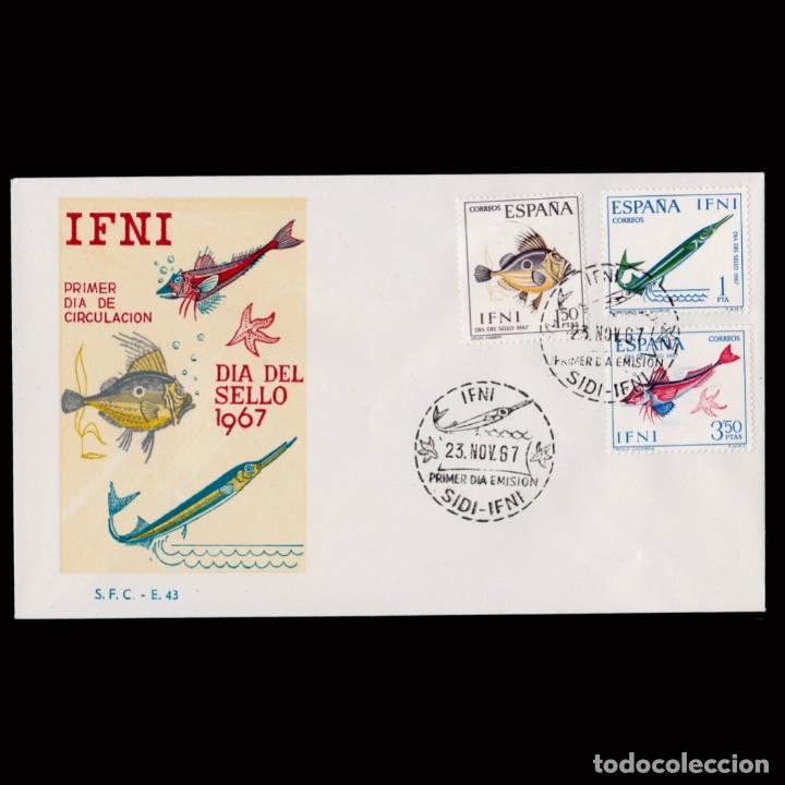 Sellos: Ifni. 1967. 1&ordm; D&iacute;a Circulaci&oacute;n. D&iacute;a Sello. Edifil 230-232 + OBSEQUIO