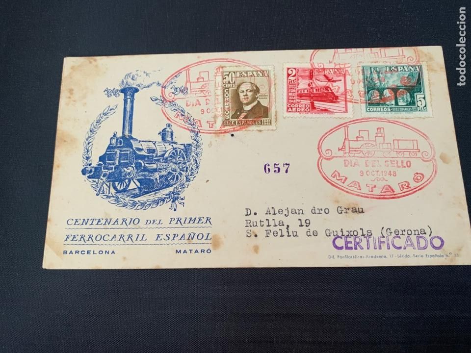 Sellos: SOBRE PRIMER DIA DE CIRCULACION 1948 CENTENARIO DEL FERROCARRIL - Foto 1