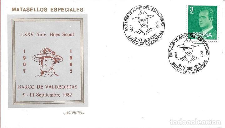 Sellos: SCOUTS 75 ANIVERSARIO ESCULTISMO, BARCO VALDEORRAS ORENSE 1982. RARO MATASELLOS SOBRE ACTPHILA SCOUT