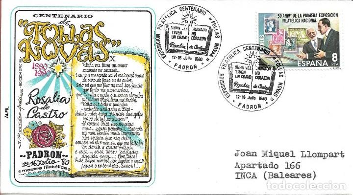 Sellos: ROSALIA DE CASTRO FOLLAS NOVAS CENTENARIO, PADRON (LA CORU&Ntilde;A) 1980. RARO MATASELLOS EN SOBRE ALFIL 2