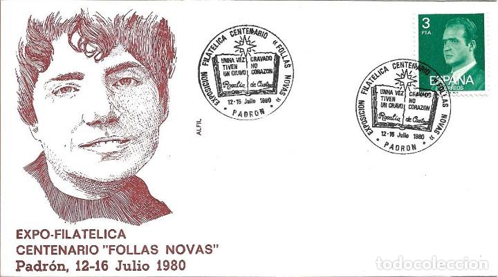 Sellos: ROSALIA DE CASTRO FOLLAS NOVAS CENTENARIO, PADRON (LA CORU&Ntilde;A) 1980. RARO MATASELLOS EN SOBRE ALFIL 1