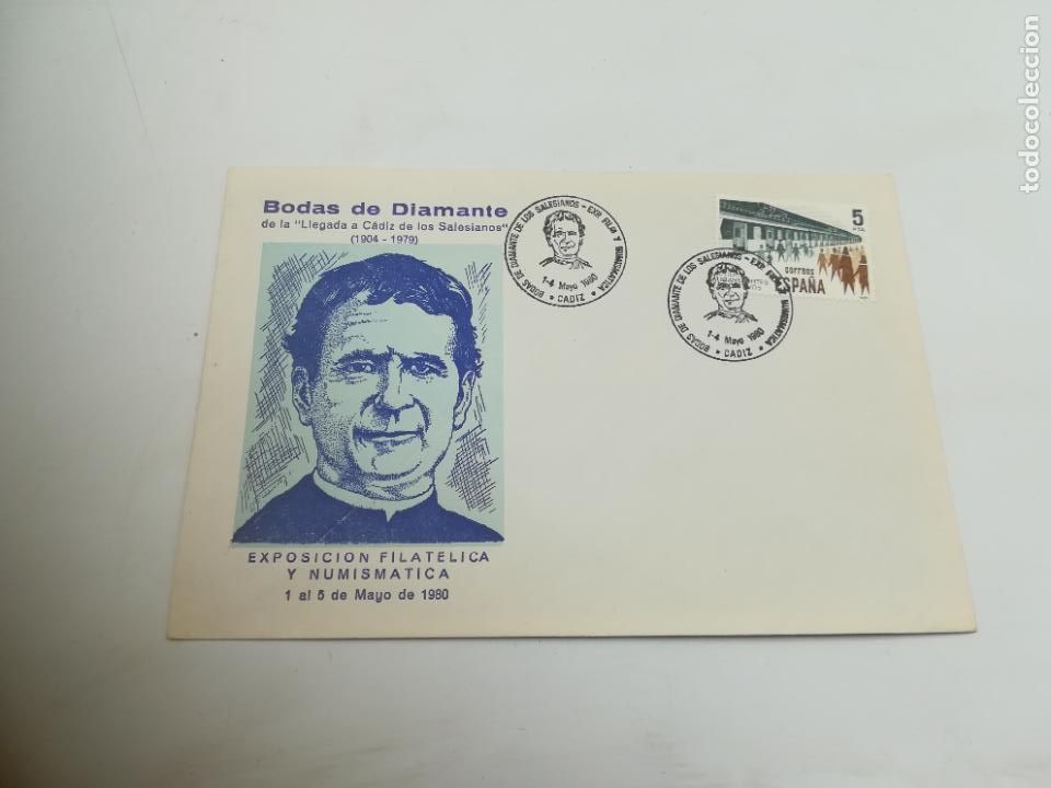 Briefmarken: SOBRE CONMEMORATIVO. EXP FIL BODAS DE DIAMANTE LLEGADA A CADIZ DE LOS SALESIANOS. 1979.