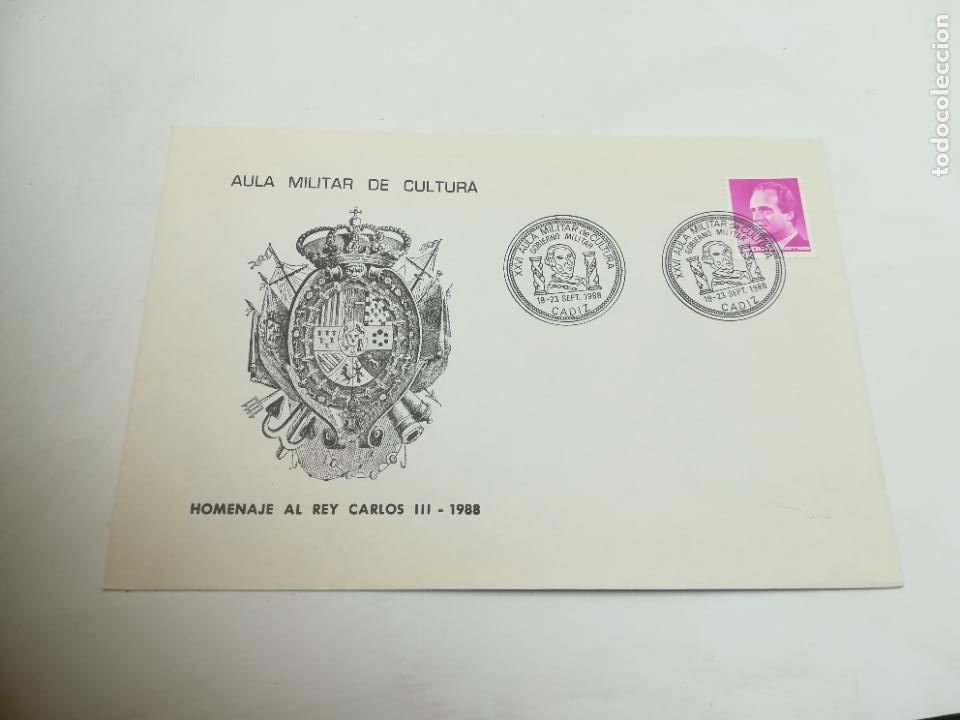 Selos: SOBRE CONMEMORATIVO. AULA MILITAR DE CULTURA. HOMENAJE AL REY CARLOS III. 1988