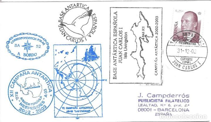 Briefmarken: POLAR BASE ANTARTICA JUAN CARLOS I 2002. MATASELLOS FECHADOR SOBRE CON CUATRO MARCAS DIFERENTES RARO