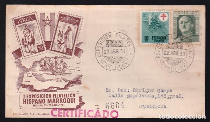 Sellos: Melilla. *Exposici&oacute;n Filat&eacute;lica 1951* Certificada. - Foto 1
