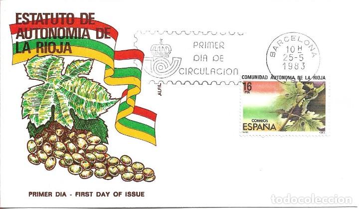 Sellos: VINO ESTATUTO DE AUTONOMIA DE LA RIOJA 1983 (EDIFIL 2689) EN SOBRE PRIMER DIA DE ALFIL BARCELONA.