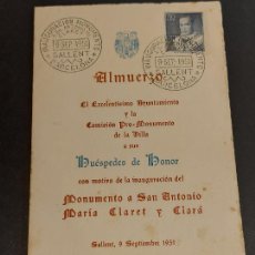 Sellos: SALLENT / INAUGURACIÓN MONUMENTO S. ANT. Mª CLARET / AYUNTAMIENTO / ALMUERZO / SEP-1951. Lote 333516228