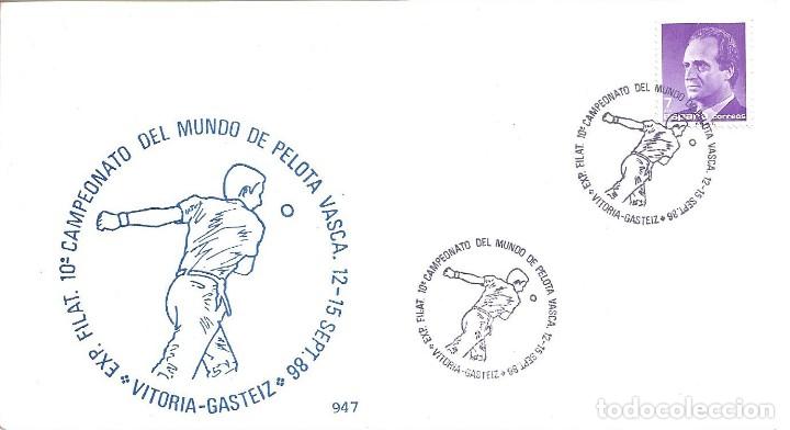 Selos: PELOTA VASCA EXPOSICION X CAMPEONATO MUNDO, VITORIA-GASTEIZ ALAVA 1986. RARO MATASELLOS EN TARJETA.