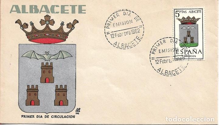 Sellos: ESCUDO DE ALBACETE 1962 MATASELLOS PROVINCIA (EDIFIL 1407) EN SOBRE PRIMER DIA DE DP. BONITO Y RARO.