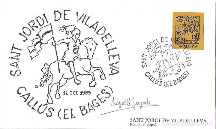 Sellos: SAN JORGE SANT JORDI VILADELLEVA CALL&Uacute;S (BARCELONA) 1989 MATASELLOS SOBRE FRANQUEO AMARILLO MUY RARO