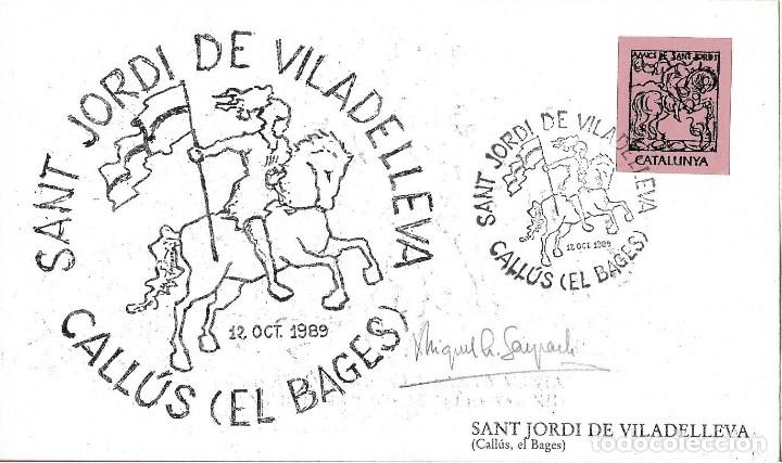 Sellos: SAN JORGE SANT JORDI VILADELLEVA CALL&Uacute;S (BARCELONA) 1989. MATASELLOS SOBRE FRANQUEO ROSA. MUY RARO