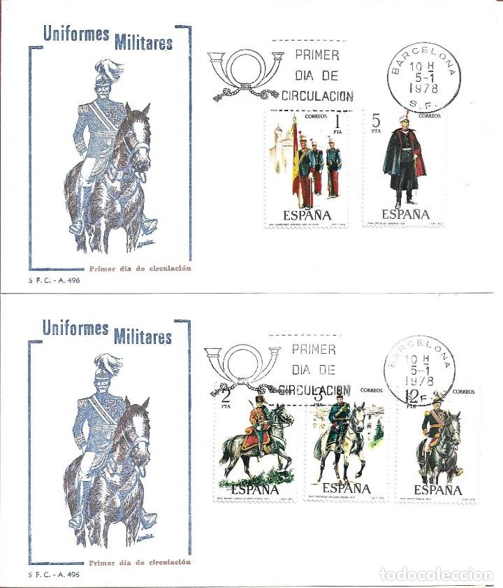 Sellos: UNIFORMES MILITARES IX GRUPO 1978 (EDIFIL 2451/55) EN DOS SPD DEL SERVICIO FILATELICO BARCELONA.