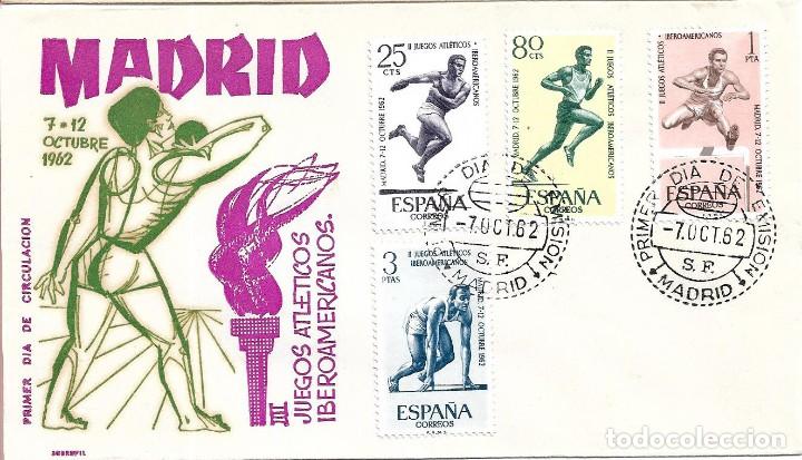 Sellos: II JUEGOS ATLETICOS IBEROAMERICANOS 1962 (EDIFIL 1450/53) EN SOBRE PRIMER DIA DE SOBREFIL. RARO ASI.