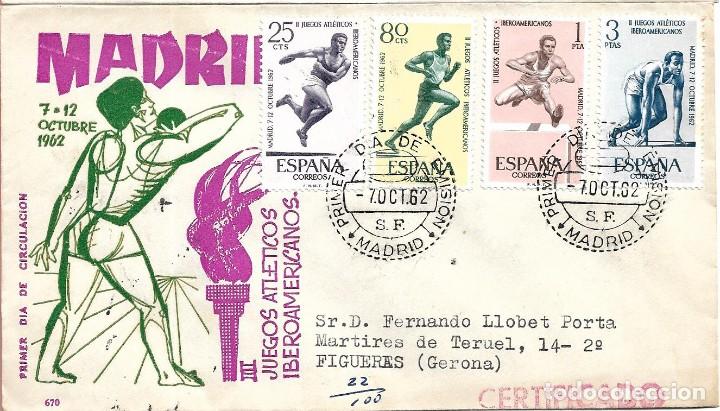Sellos: II JUEGOS ATLETICOS IBEROAMERICANOS 1962 (EDIFIL 1450/53) EN SOBRE PRIMER DIA CIRCULADO DE DP. RARO.