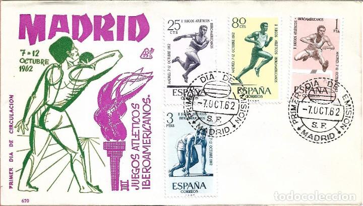 Sellos: II JUEGOS ATLETICOS IBEROAMERICANOS 1962 (EDIFIL 1450/53) SOBRE PRIMER DIA SIN CIRCULAR DE DP RARO