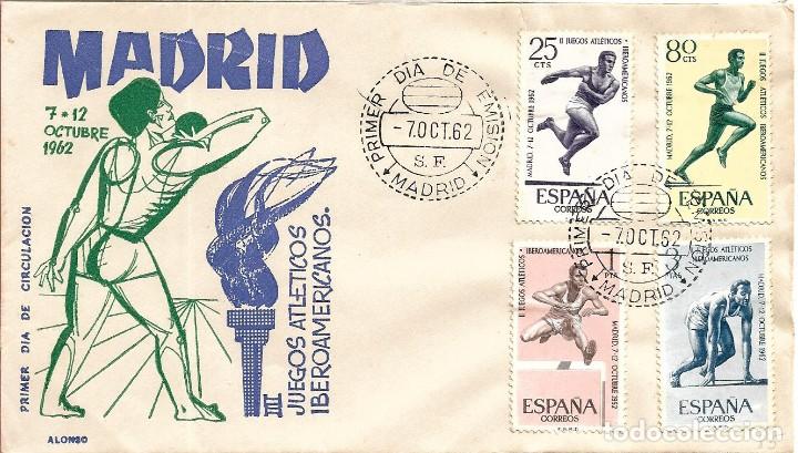 Sellos: II JUEGOS ATLETICOS IBEROAMERICANOS 1962 (EDIFIL 1450/53) EN SOBRE PRIMER DIA DE ALONSO. RARO ASI.