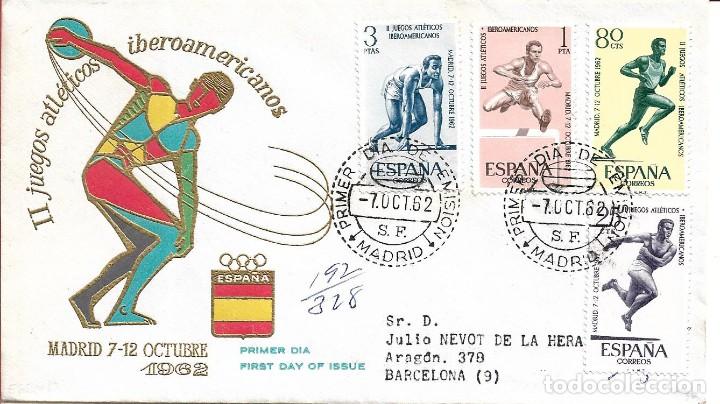 Sellos: II JUEGOS ATLETICOS IBEROAMERICANOS 1962 (EDIFIL 1450/53) EN SOBRE PRIMER DIA CIRCULADO ALFIL. RARO.