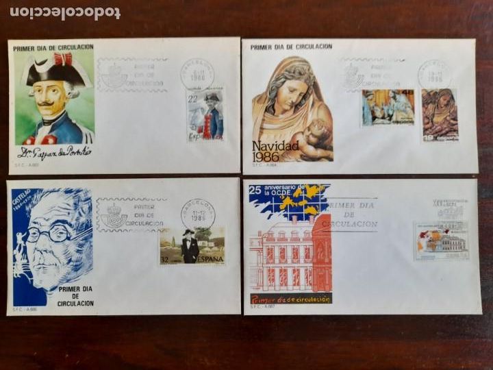 Sellos: Un sobre del 1&ordf; dia de circulaci&oacute;n 1986 Don Gaspar de Portola, con matasello BCN, 4 sobres a elegir
