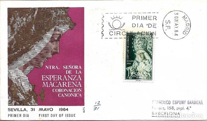 Sellos: CORONACION VIRGEN ESPERANZA MACARENA 1964 (EDIFIL 1598) EN SOBRE PRIMER DIA CIRCULADO DE ALFIL. RARO