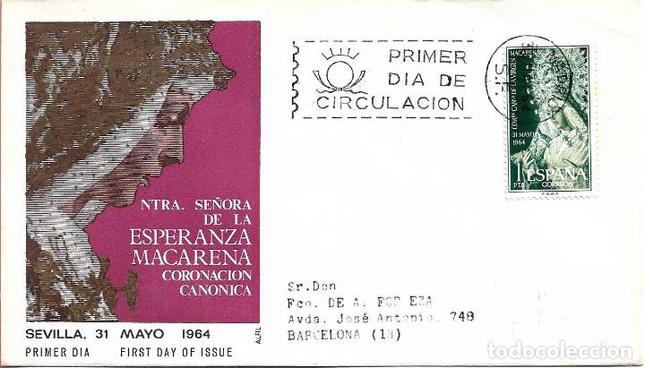 Sellos: CORONACION VIRGEN ESPERANZA MACARENA 1964 (EDIFIL 1598) EN SOBRE PRIMER DIA CIRCULADO DE ALFIL. RARO