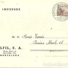 Sellos: TARJETA IMPRESOS ALFIL S A EXPOSICION FILATELICA BARCELONA 20 JUN 1949. Lote 365919846