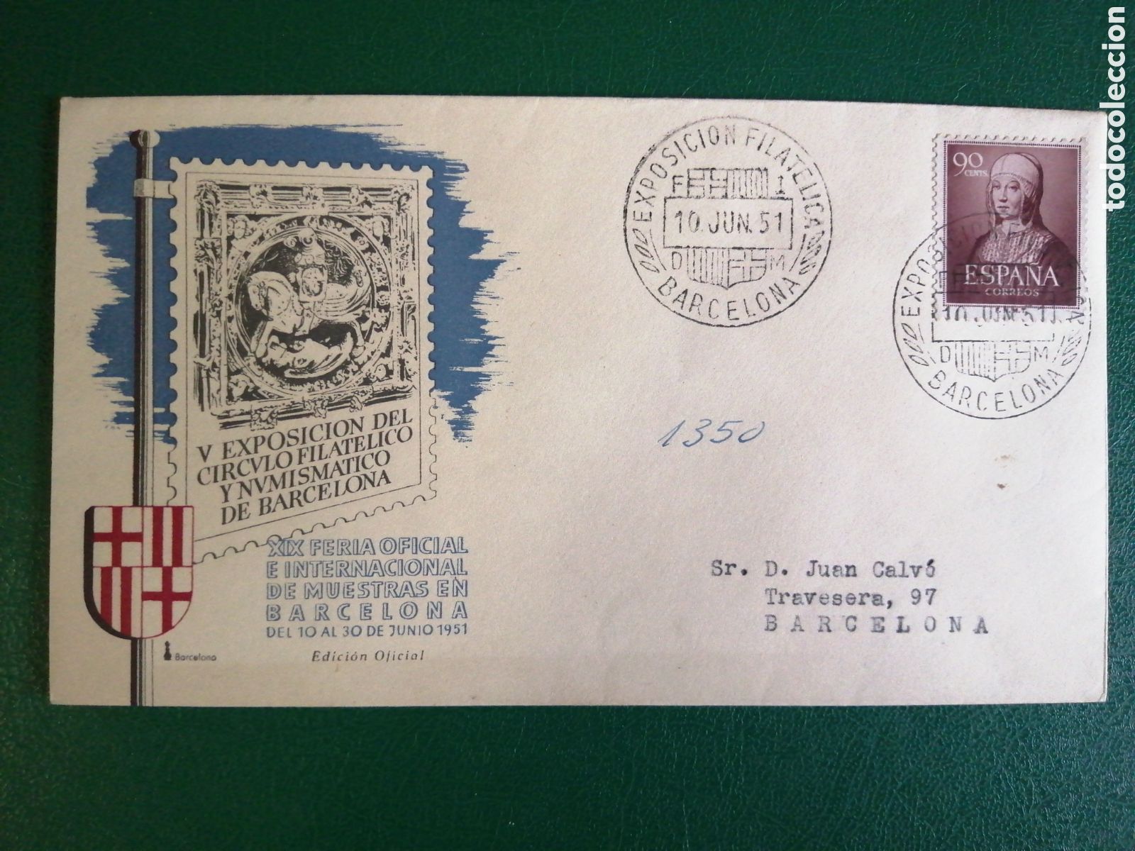 Timbres: SOBRE MATASELLOS ESPECIAL. 1er DIA CIRCULACI&Oacute;N. XIX FERIA OFICIAL DE MUESTRAS BARCELONA. 1951 (IGZ)