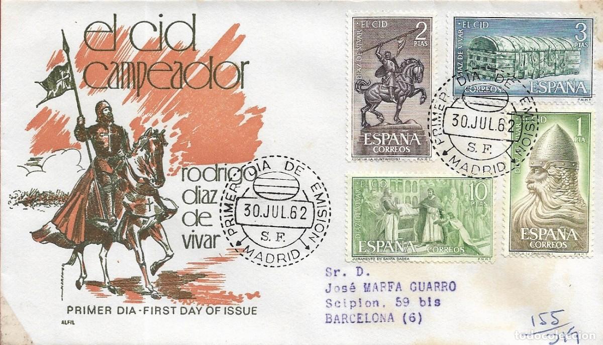 Briefmarken: EL CID RODRIGO DIAZ DE VIVAR 1962 (EDIFIL 1444/47) EN SOBRE PRIMER DIA CIRCULADO DE ALFIL. RARO ASI