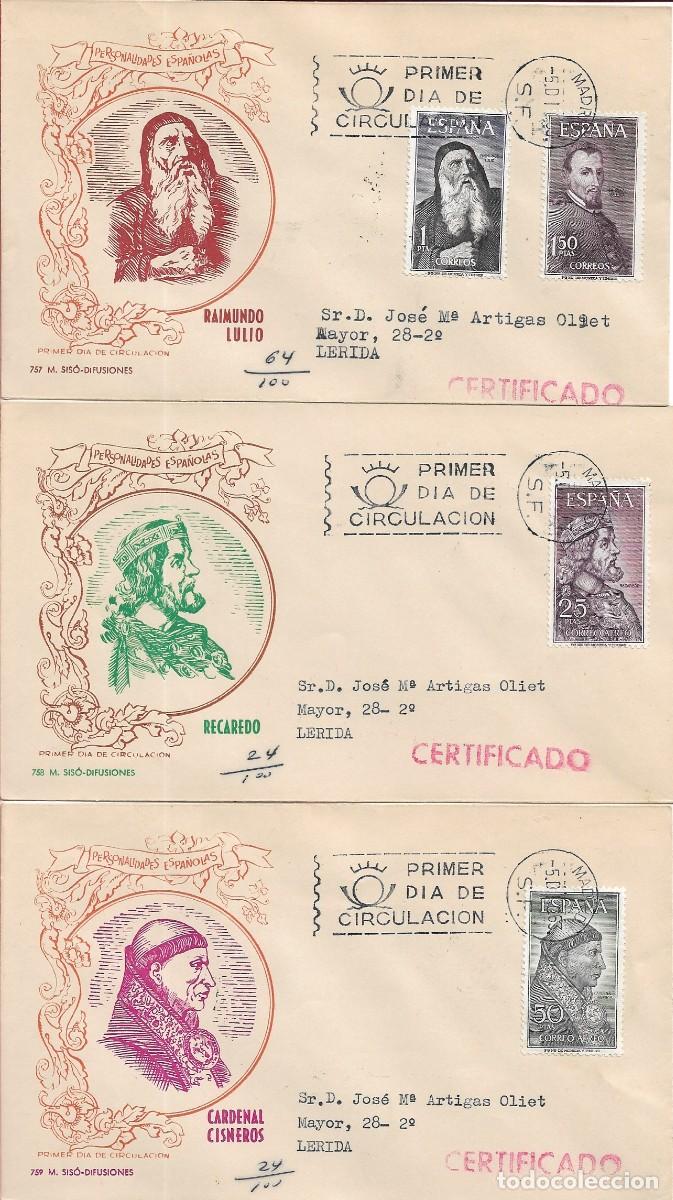 Sellos: PERSONAJES ESPA&Ntilde;OLES 1963 (EDIFIL 1536/39) EN TRES SOBRES PRIMER DIA CIRCULADOS DE MS. RAROS ASI.
