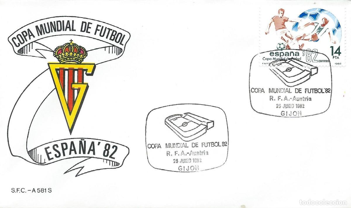 Sellos: 1982. GIJ&Oacute;N. MATASELLOS. COPA DEL MUNDO DE F&Uacute;TBOL ESPA&Ntilde;A'82. R.F.A. - AUSTRIA. WORLD CUP. DEPORTES.