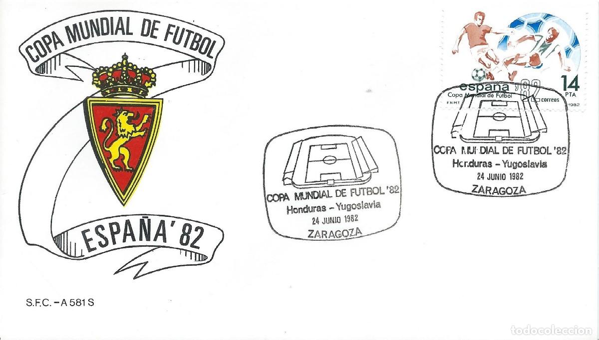 Sellos: 1982. ZARAGOZA. MATASELLOS. COPA DEL MUNDO F&Uacute;TBOL ESPA&Ntilde;A'82. HONDURAS-YUGOSLAV. WORLD CUP. DEPORTES.