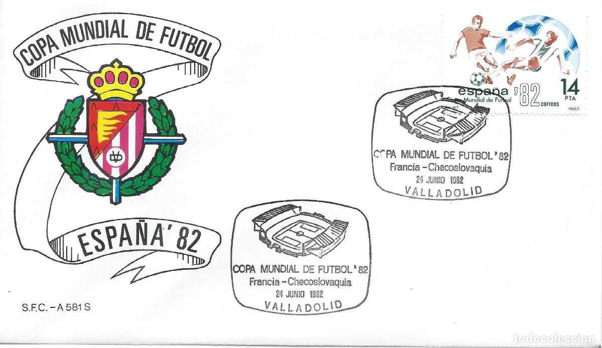 Sellos: 1982. VALLADOLID. MATASELLOS COPA DEL MUNDO F&Uacute;TBOL ESPA&Ntilde;A'82. FRANCIA-CHECOSLOV. WORLD CUP. DEPORTES