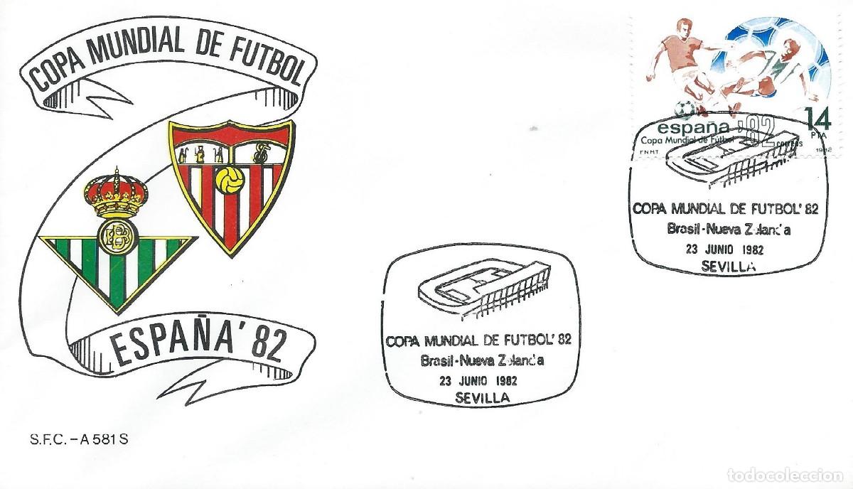 Sellos: 1982. SEVILLA. MATASELLOS. COPA DEL MUNDO F&Uacute;TBOL ESPA&Ntilde;A'82. BRASIL-N. ZELANDA. WORLD CUP. DEPORTES.