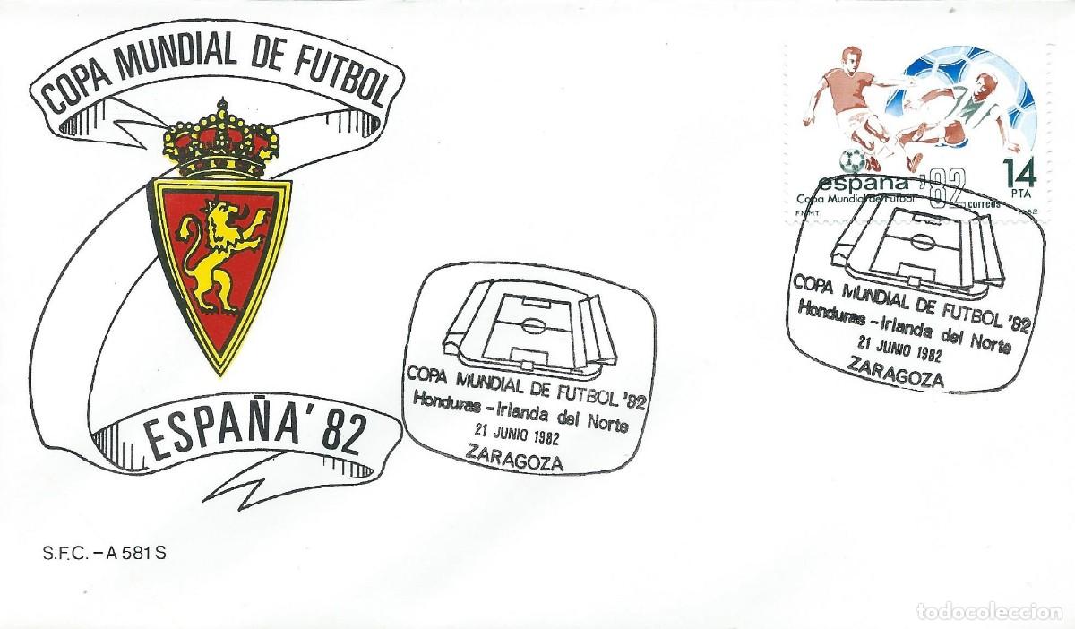 Sellos: 1982. ZARAGOZA. MATASELLOS. COPA DEL MUNDO F&Uacute;TBOL ESPA&Ntilde;A'82. HONDURAS-IRLANDA DEL NORTE. DEPORTES.