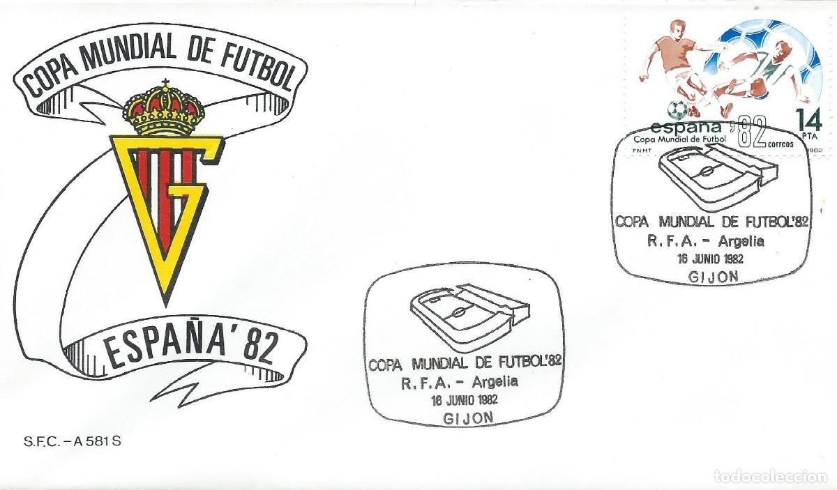 Sellos: 1982. GIJ&Oacute;N. MATASELLOS. COPA DEL MUNDO DE F&Uacute;TBOL ESPA&Ntilde;A'82. R.F.A. - ARGELIA. WORLD CUP. DEPORTES.