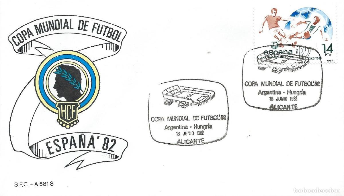 Sellos: 1982. ALICANTE. MATASELLOS. COPA DEL MUNDO F&Uacute;TBOL ESPA&Ntilde;A'82. ARGENTINA-HUNGR&Iacute;A. WORLD CUP. DEPORTES.